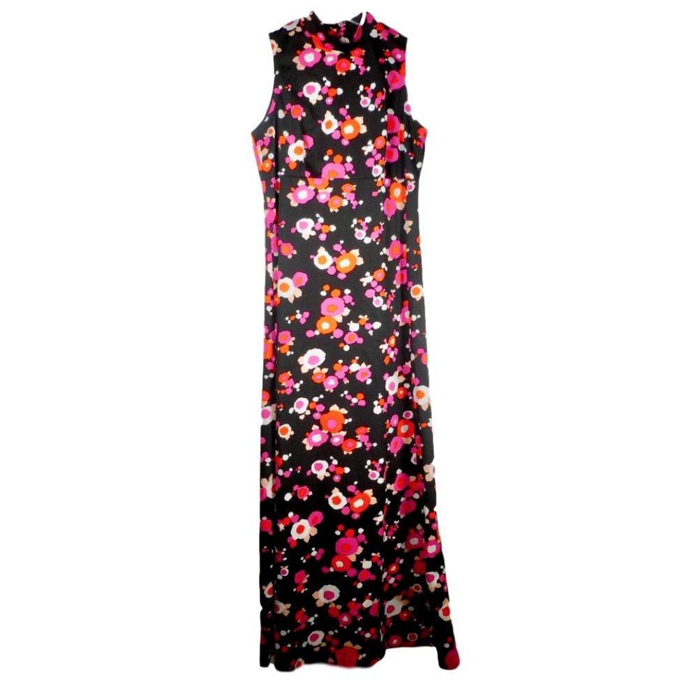 VTG 70s Original Hot Pink Black Sz M Maxi Dress Mod Fun Flower Groovy